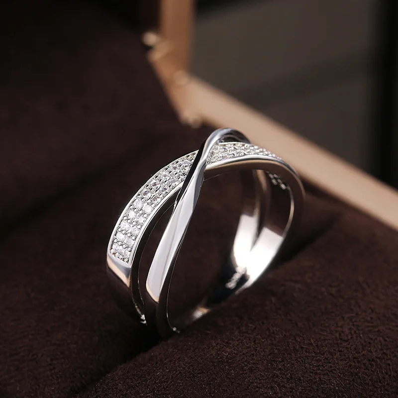 Classic Female Ring 925 Sterling Silver Two Tone X Shape Cross Rings For Women Infinite Dazzling Zircon Wedding Rings Anillos
