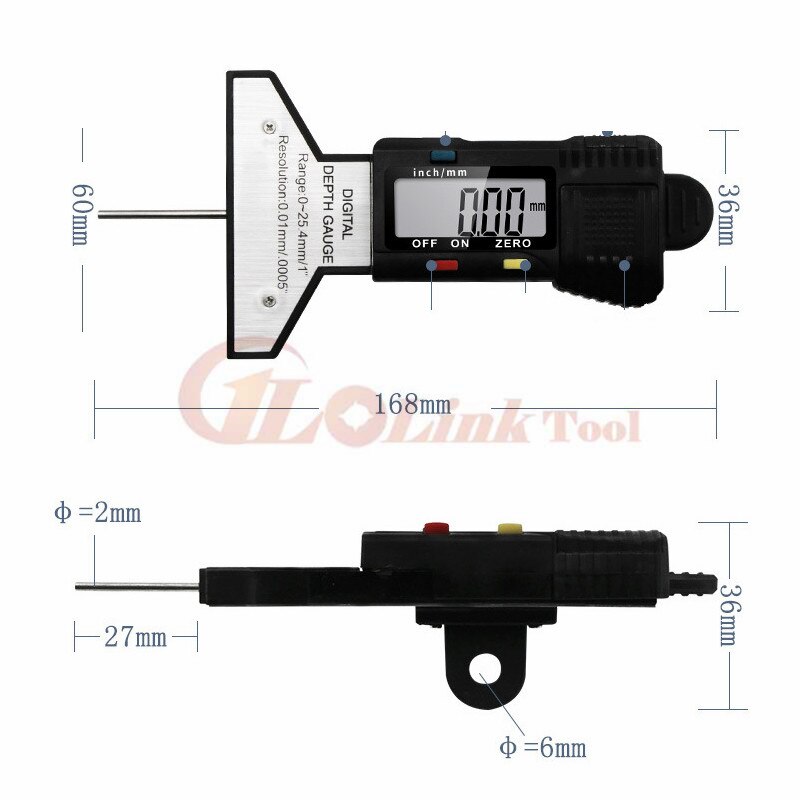 Elektroninen digitaalinen syvyysmittari jarrusatula kulutuspinnan syvyysmittari lcd-renkaan kulutuspinnan mittari autolle 0-25.4mm digitaalinen syvyysmittaustyökalu
