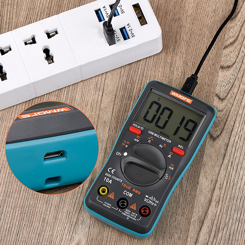 Wmore USB Charge Digital Multimeter for Tester 6000 counts Auto Ranging AC/DC voltage meter Flash light Back light Top