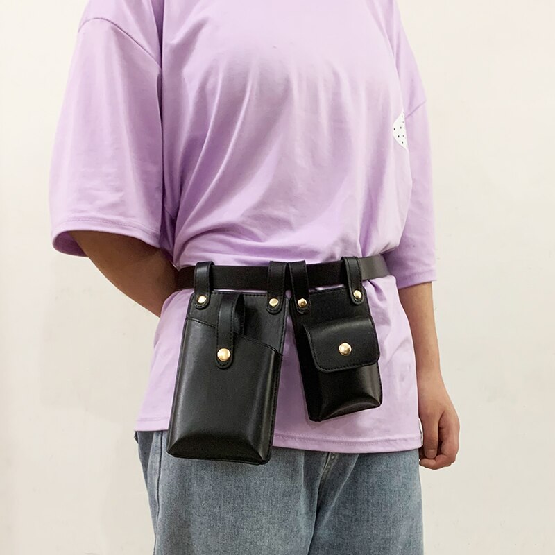 Riñonera de cuero de estilo Hip Hop para mujer, bolso cruzado de pecho para teléfono móvil, 2 piezas