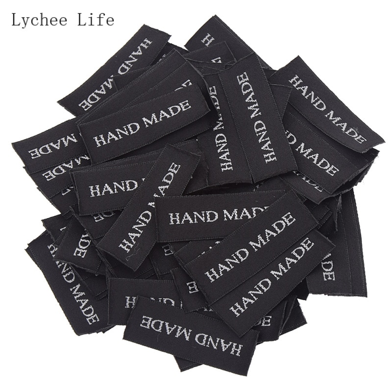 Lychee Leven 100 Stks/partij Zwart Handgemaakte Kleding Label Gedrukt Hand Made Brief Kledingstuk Etiketten Tags Voor Kleding Tassen