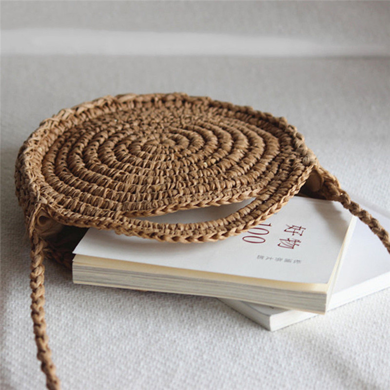 Lady Pastoral Style Casual Round Handmade Knitted Woven Rattan Bag Straw Beach Handbag