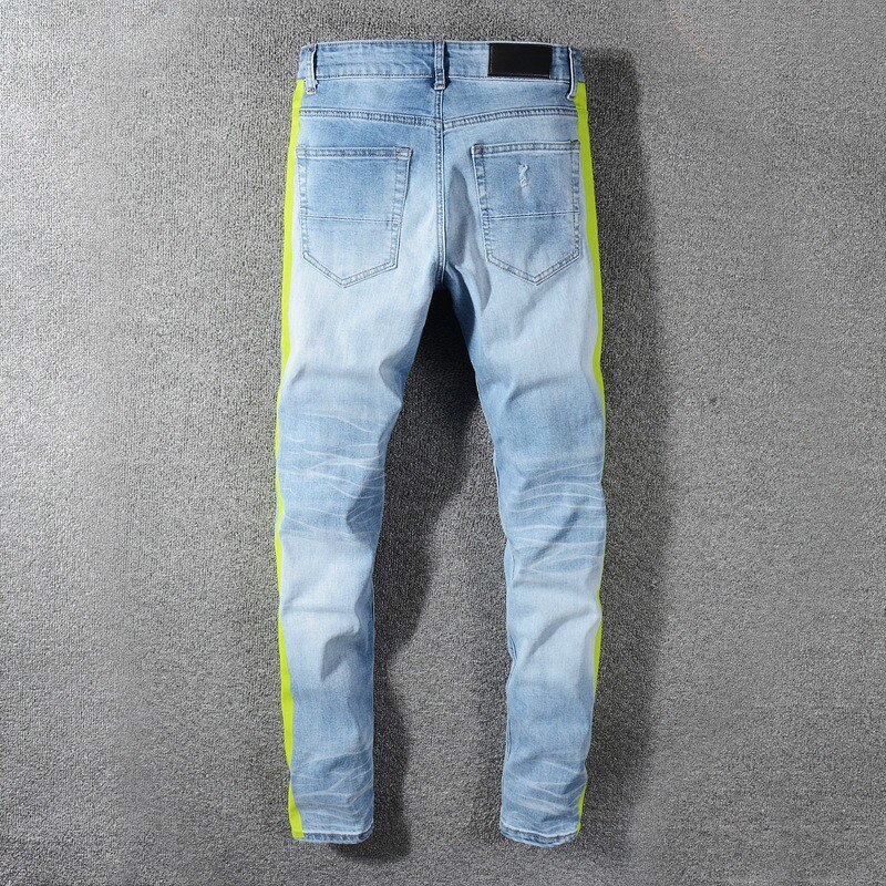 Groene Kant Streep Print Heren Jeans Skinny Flex Jeans Ripped Gat Jeans Heren Zomer Plus Gestapeld jeans
