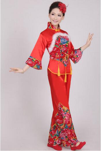 Mujer rojo estampado estilo más joven abanico traje baile con tambores ropa traje de actuación disfraz de Baile Folclórico chino