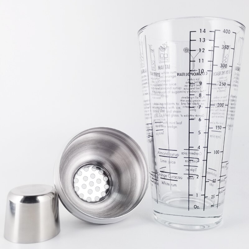 Bar Martini Bartender Tool-Mezclador de vino de 400ML/14OZ, botella agitadora, jugo de fruta, nieve, taza doble a escala, coctelera de vidrio