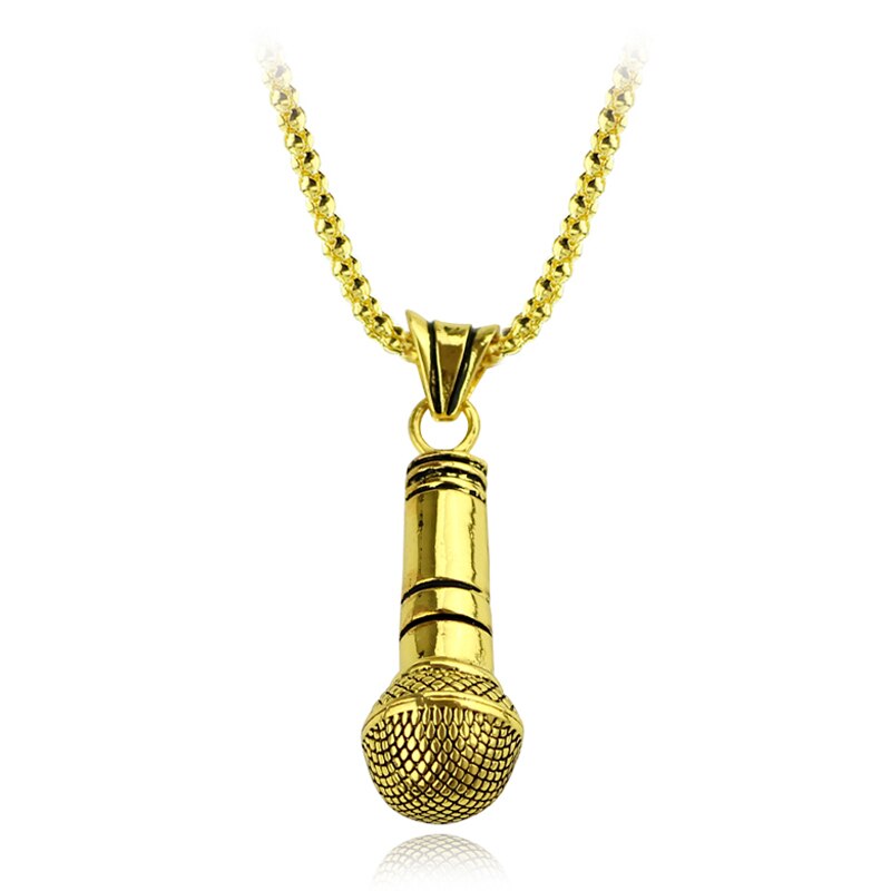 Big Microphone Pendant Necklace Sliver Gold Link Chain Necklaces Hip Hop Alloy Jewelry for Women and Men: Gold