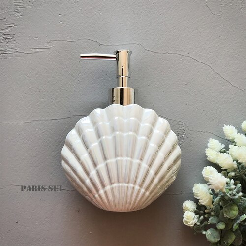 Juego de accesorios de baño con forma de concha de cerámica, herramientas de lavado, botella, taza de enjuague bucal, jabón, soporte para cepillo de dientes, artículos para el hogar pf92021: lotion bottle