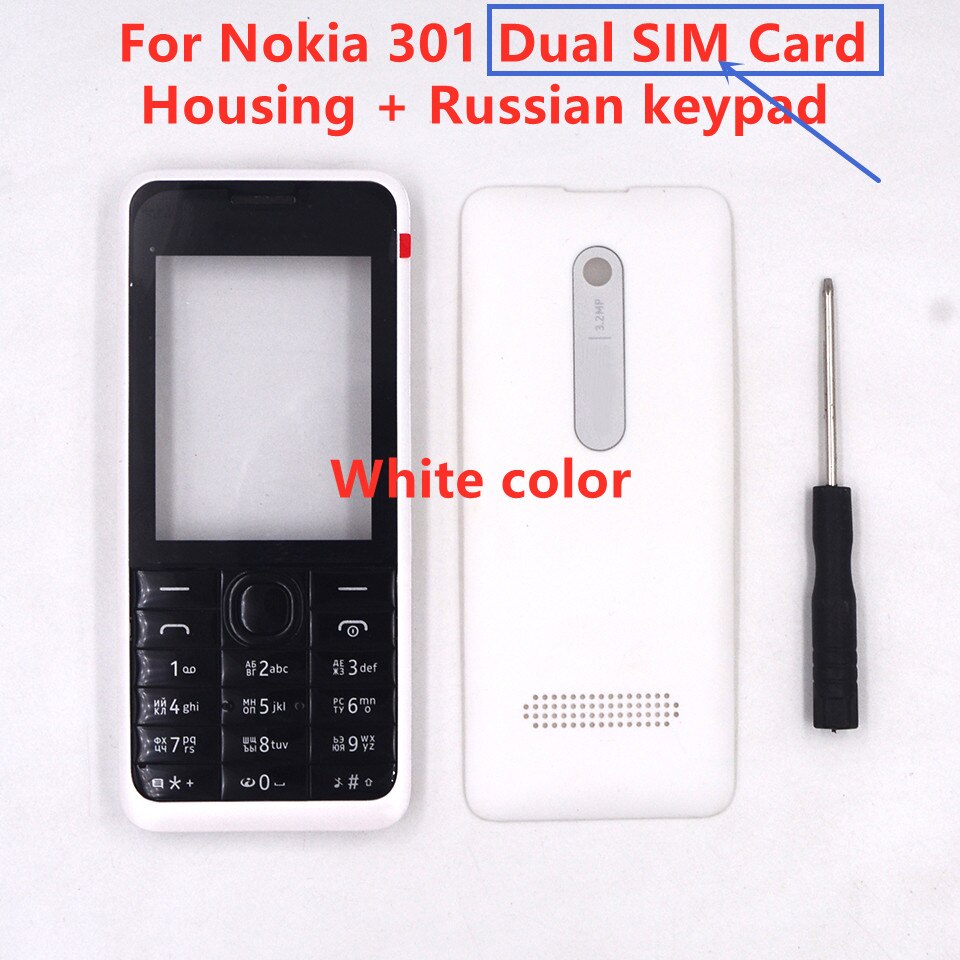 HKFASTEL 301 Housing For Nokia 301 Single Dual SIM Card Mobile Phone Cover Case + English Russian Arabic Keypad + Tool: White Dual Russian