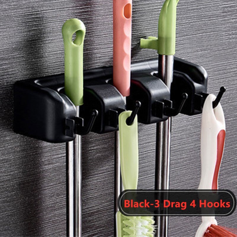 Soporte de plástico ABS para escoba de baño, herramienta mágica para fregona, estante para fregona de cocina, multifuncional, con gancho: Black 3 tow 4 hooks