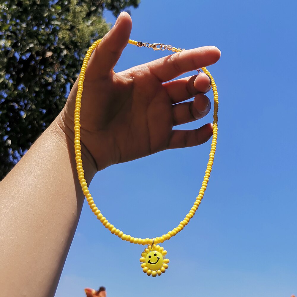 ZX de hecho a mano colorido cuentas de collar de Gargantilla de cadena lindo Similey cara colgante collares al por mayor, joyas de las mujeres Accesorios: yellow