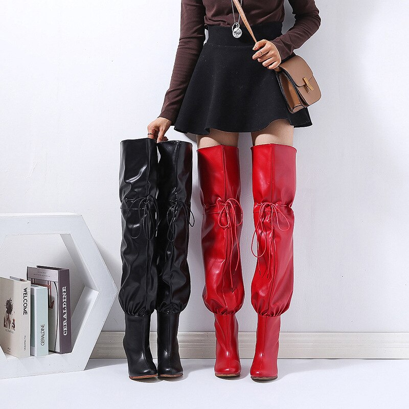 hiver femmes bottes à lacets Long Tube bottes confortable bout rond à talons hauts en polyuréthane sur le genou femmes bottes