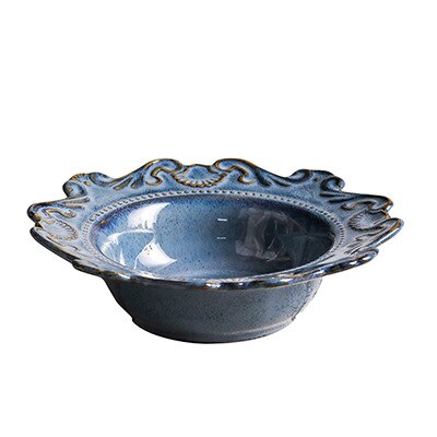 Kreative Barock Keramik Geschirr Gericht Westlichen Lebensmittel Erzähler Salat Schüssel Suppe Schüssel Weiß Glasur Geprägt Juni Teng Serie: Tz-233e80 Blau