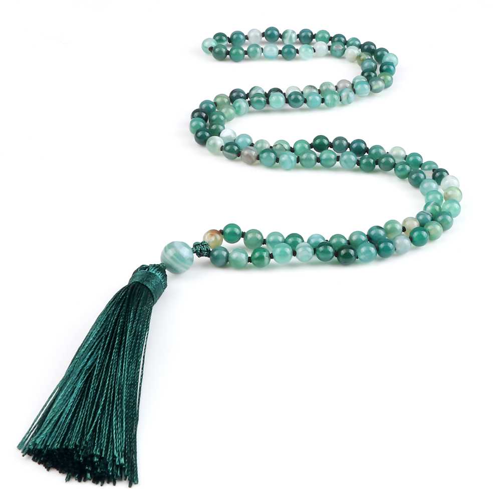 108 Beads Prayer Necklace Natural Green Stripe Onyx Stone Buddhist Buddha Meditation Bead Mala Necklace Women Men Jewelry