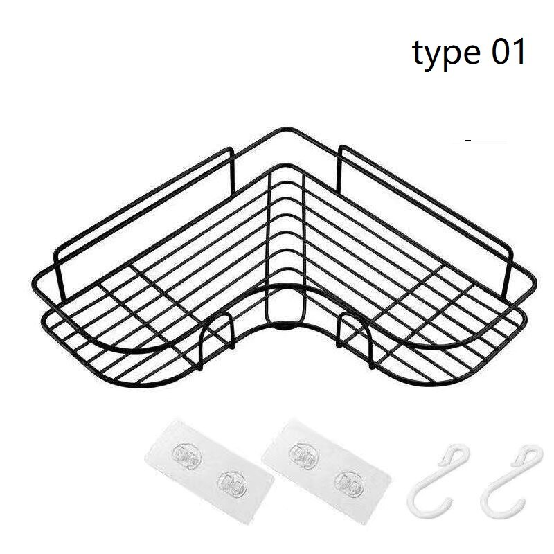 Etagère ventouse pour salle de bain ou cuisine, poinçon, cadre d&#39;angle, fer forgé, rangement de shampoing et accessoires: Light Black