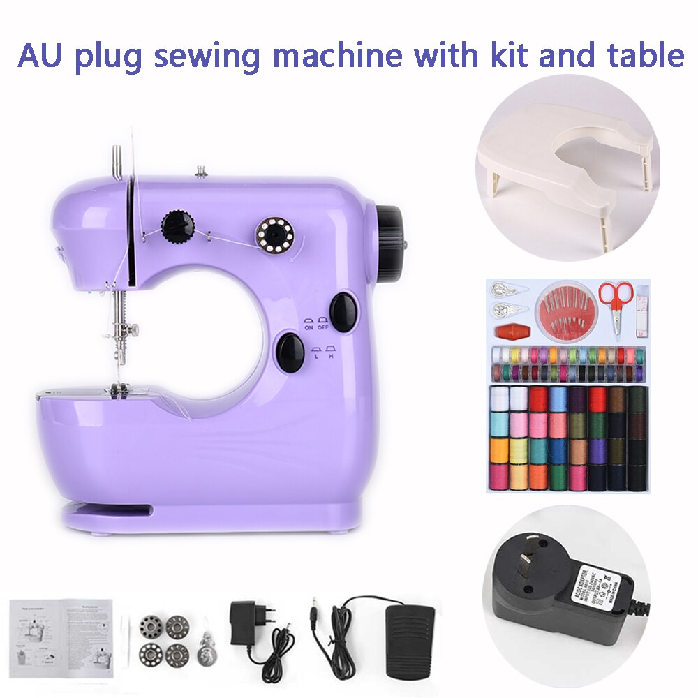 Sewing Machine Mini Portable Electric Household Pedal Multifunctional With Night Light Handmade DIY Purple For Beginners: AU with kit table