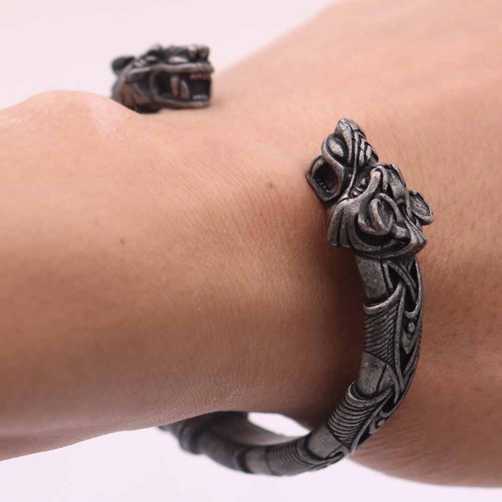 Bracelet tête de loup Viking, 1 pièces, pour hommes et femmes, bijoux Talisman avec sac: Antique Pewter