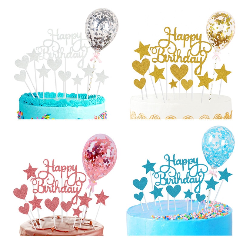 Décoration de gâteau d'anniversaire, ballons confettis, drapeau, décor de fête d'anniversaire pour enfants, garçon ou fille, fête prénatale, mariage