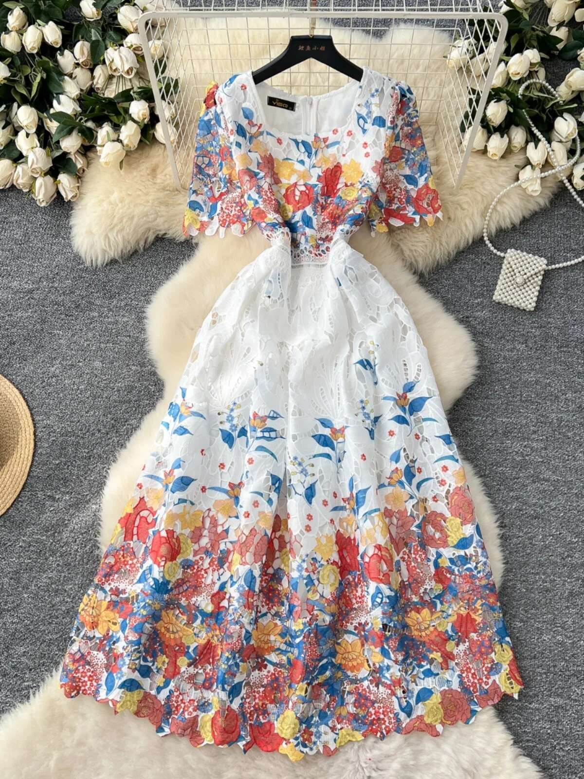 Blomsterbroderi udhulet blonde aftenkjoler kvinder sommer korte ærmer prinsesse retro midi lang festkjole gradient