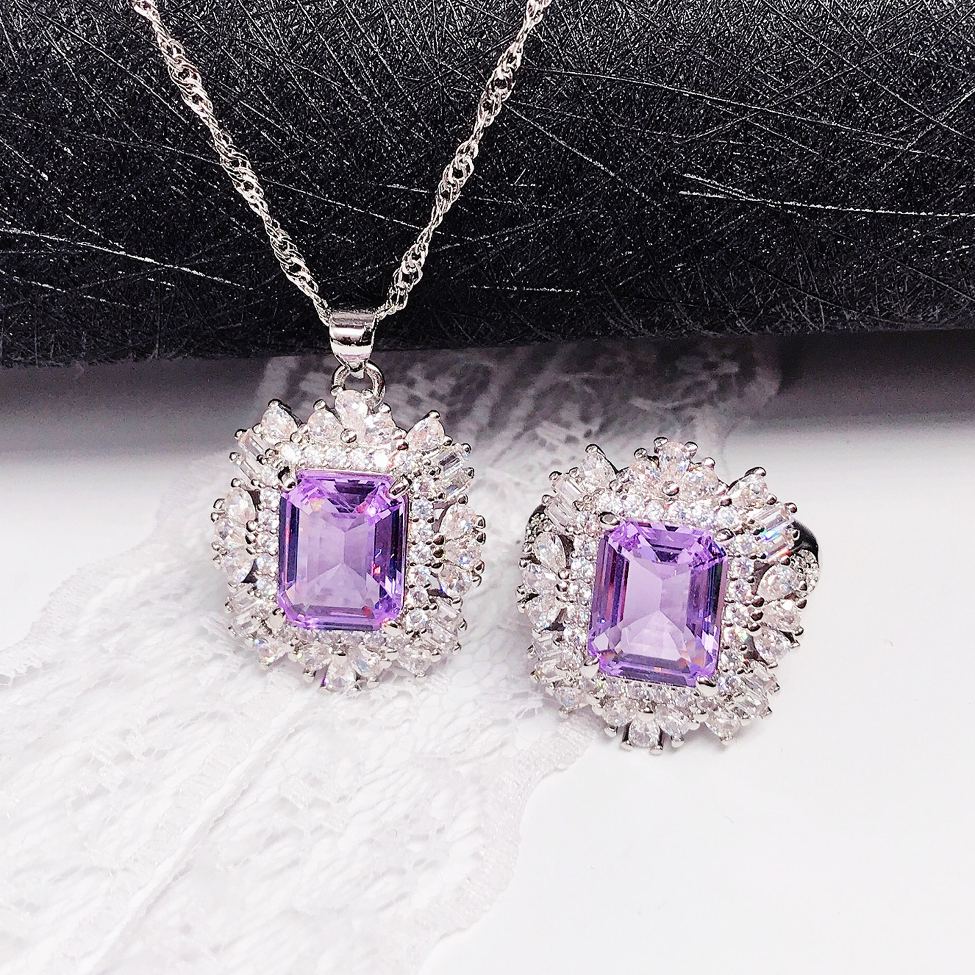 RUZZALLATI Drsign Rectangle Pink 6ct Tanzanite Rings fpr Women Silver Color Wedding Bridal Ring Necklace Jewelry Set