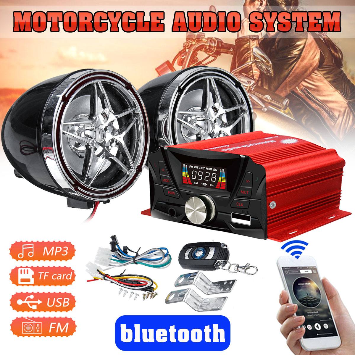 12V Motorcycle Audio bluetooth Remote Control Speaker Sound System Support TF USB MP3 FM Radio Anti-theft Alarm with Equalizer