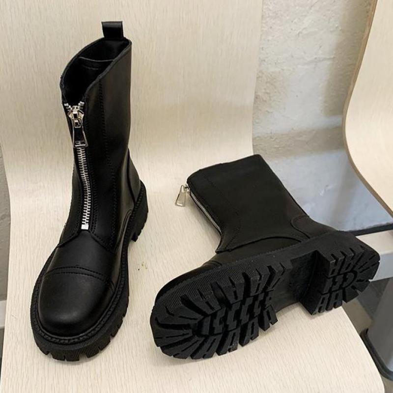 Botas De Mujer De viento británico , nuevas botas cortas De otoño rebelde, botas De primavera y otoño, botas De cremallera frontal, Zapatos De Mujer