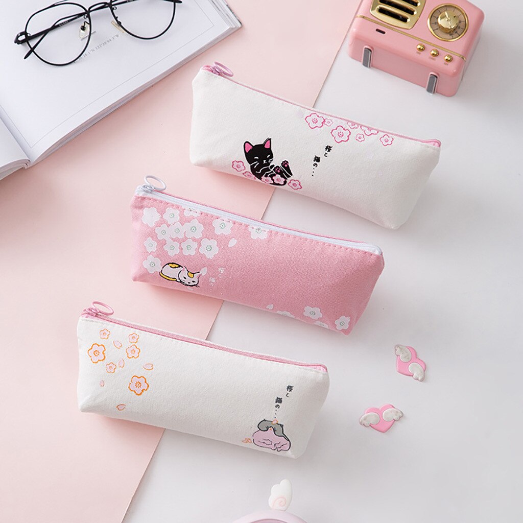 Kawaii Pink Cat Capacity Canvas Pencil Case Pen Box Girls School Stationery Bag For Girl Stationery Canvas Material Escolar