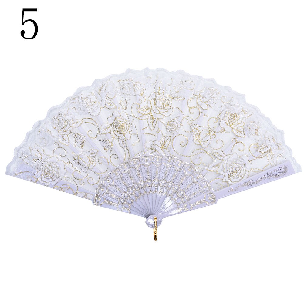Abanicos de flores para de boda, accesorios para baile de graduación, abanico de verano de encaje de tela española de seda plegable, baile de mano en 10 colores: white