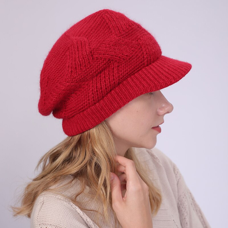 Women Winter Crochet Pure Color Hat Cap Velvet Faux Rabbit Fur Knitted Hat Brim Beret Cap Headwear For Women Girls: Red