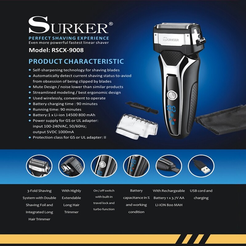 Surker Elektrische Rasierer für Männer USB schnell Wiederaufladbare IPX5 Wasserdichte 3 in 1 rotierend Rasierer maquina afeitar RSCX-958803