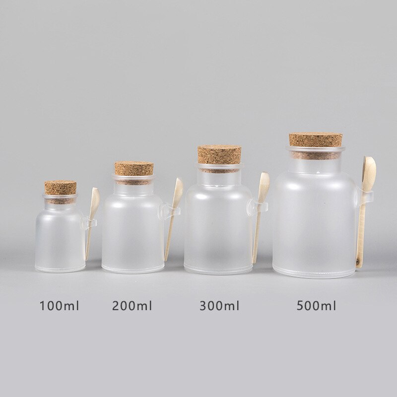 1PC 100/200/300ML Empty Bath Salt Bottle Plastic Matte Cork Jar Women Mask Facial Container Refillable Bottle With Wood Spoon