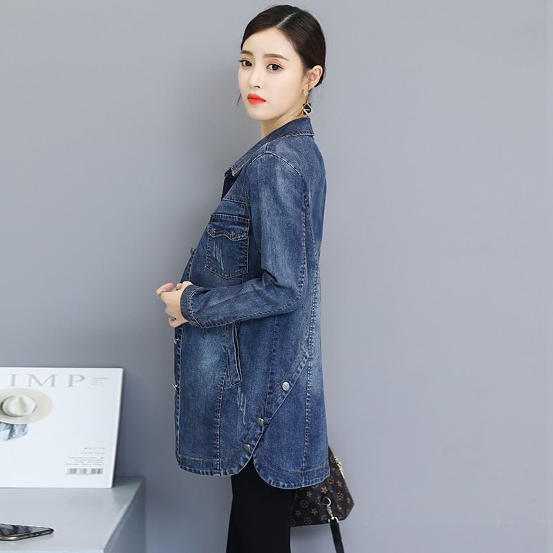 Kvinder lang denim jakke forår efterår plus størrelse 3xl løse fuld ærmer blå toppe kvindelige casual piger outwear  c80612l