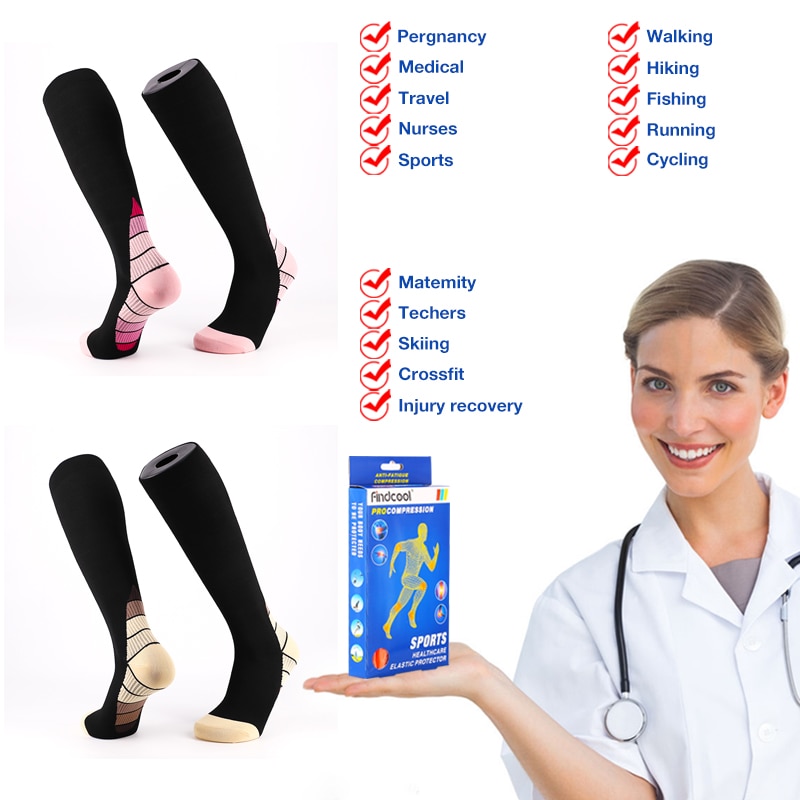 Findcool Knee High Compression Socks Outdoor Sports Socks Running Cycling Travel Boost Stamina Long Sock for Men Women