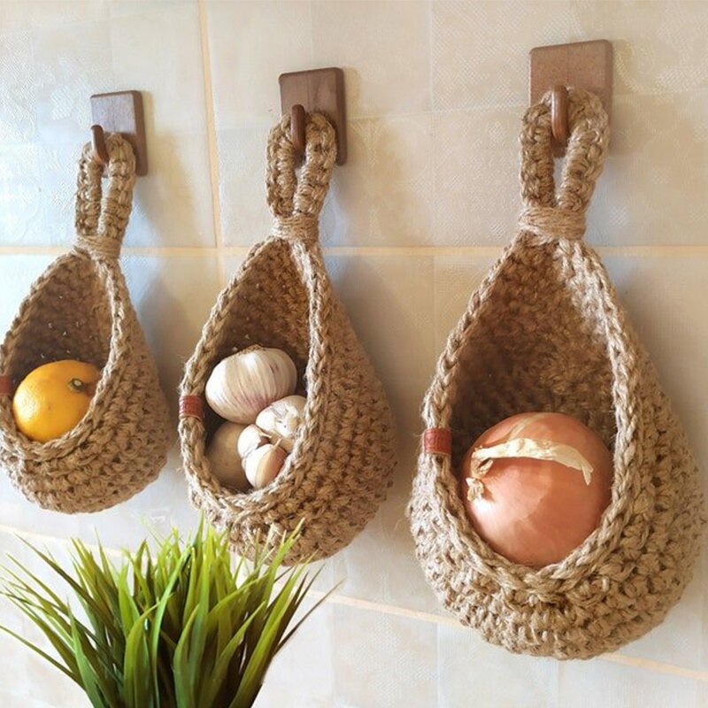 Cesta de mimbre para colgar en la pared, bolsa tejida para vegetales, frutas, mesa de cocina, cesta de almacenamiento, maceta de flores, estante seco