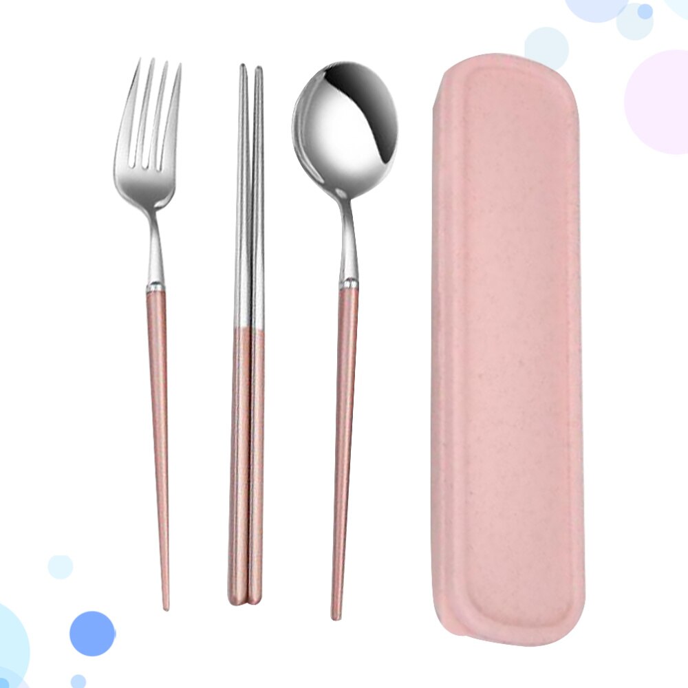 Flatware Set Stainless Steel Reusable Utensils Spoon Chopsticks Storage Case Kit for Camping Picnic Travel: Pink 1