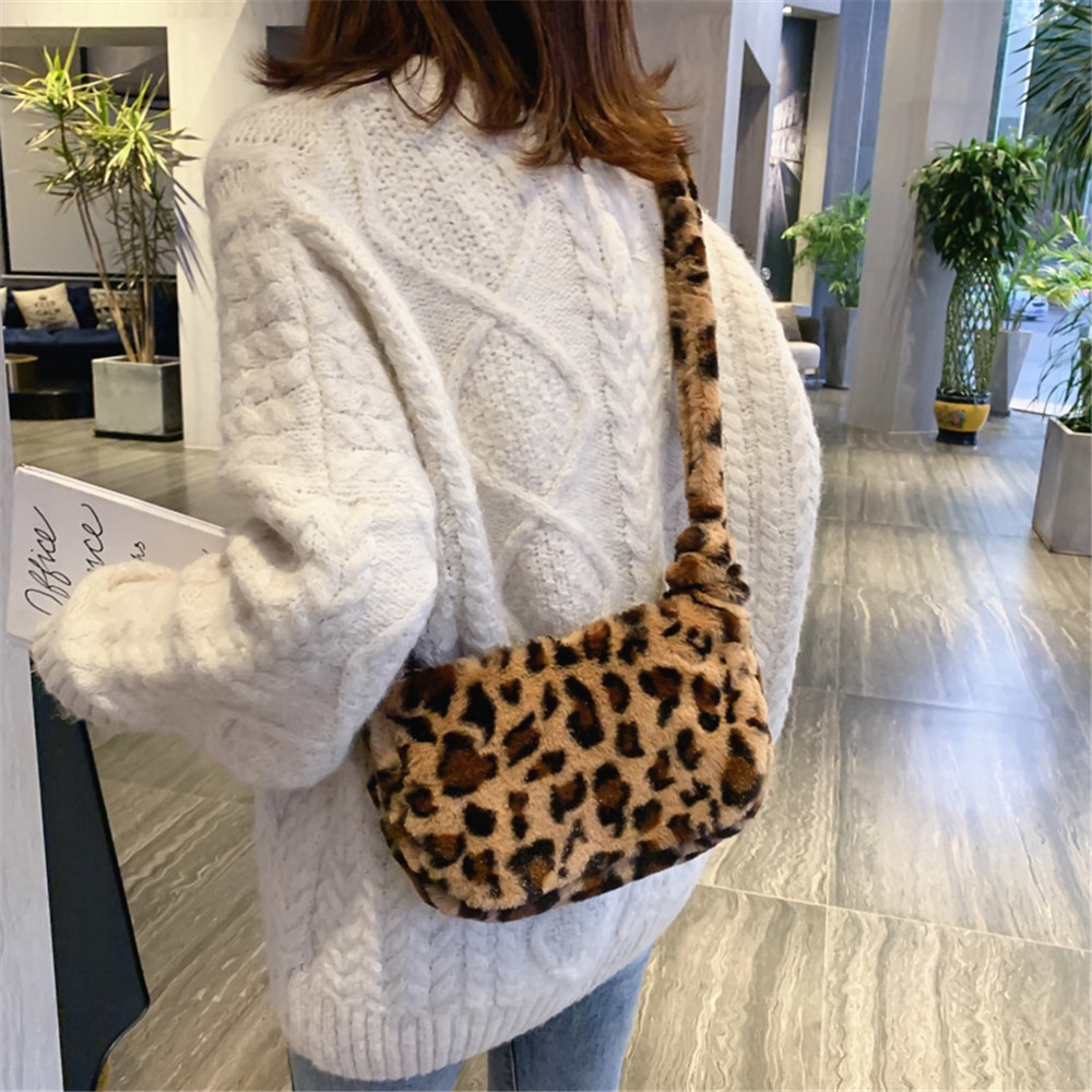 Kvinner myke plysj skuldervesker vintage leopard crossbody messenger bag damer høst vinter stor kapasitet vesker