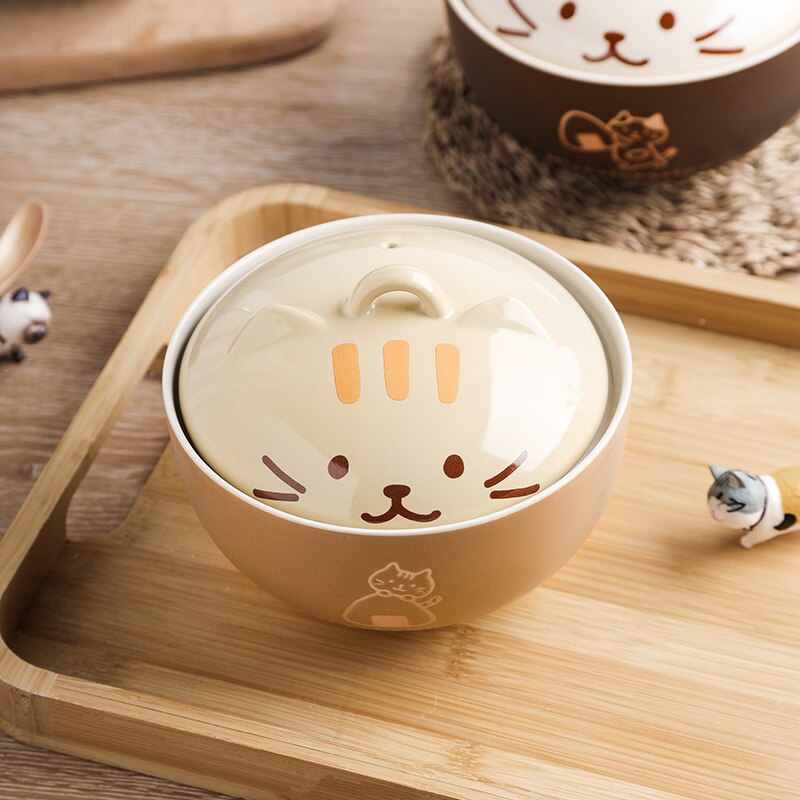 Bol à soupe Ramen avec couvercle en céramique, chat japonais mignon, bols à nouilles, vaisselle de cuisine, plats de service, bol à fruits amusant pour chaton