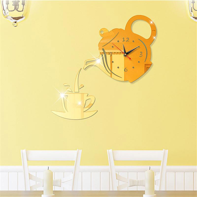Home Premium Wall Clock Mirror Effect Coffee Cup Shape Decorative Kitchen Wall Clocks Living Room Home Decor