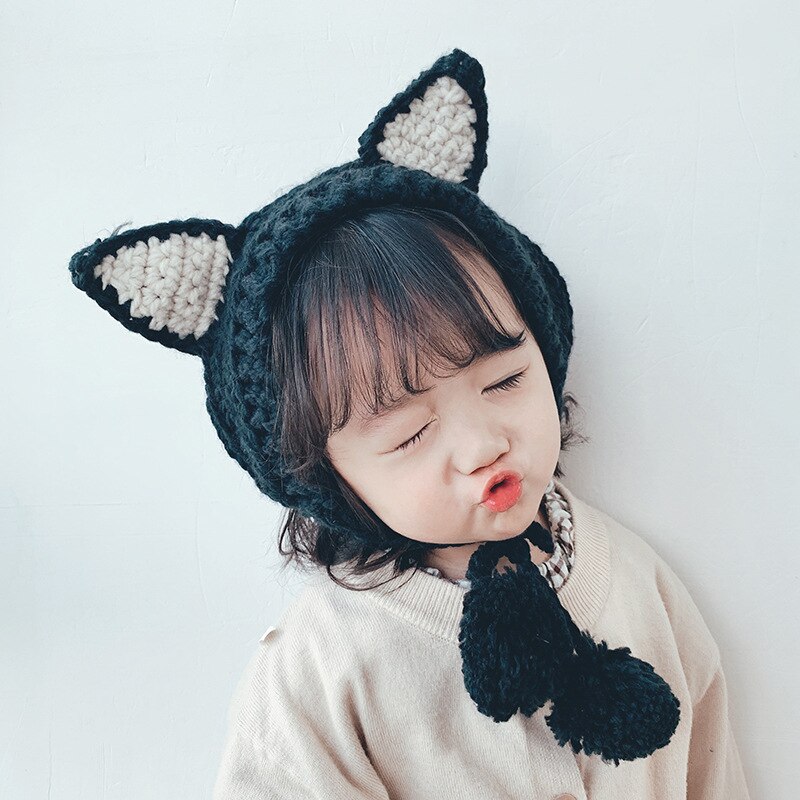 K72 fascia Dei Capelli Del bambino dei bambini Del Cappello di Inverno di Autunno Berretto di Lana bambino Paraorecchie Tenere in Caldo in Inverno Carino Orecchio di Gatto cappello di Lana pizzo-su