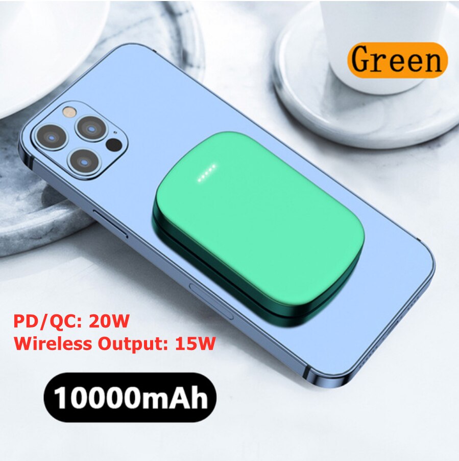 15W Chargeur Magnétique Sans Fil Banque De Puissance 20W Charge Rapide MagSafe Mini Banque De Puissance pour iPhone 12 Pro Max Externe Chargeur De Batterie: 10000mAh Green