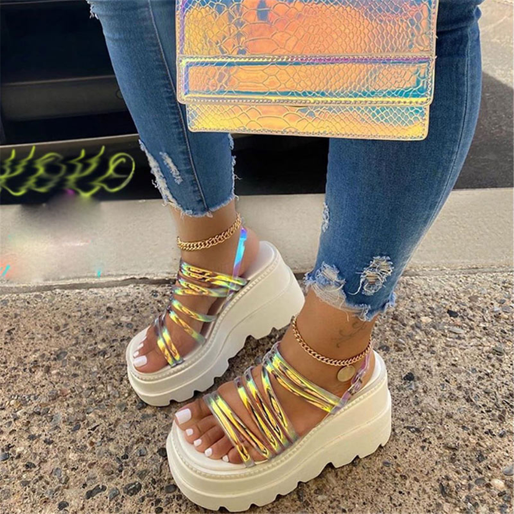 BONJOMARISA INS réfléchissant PVC sangle sandales haute plate-forme sandales femmes été Cool chaussures hautes femme