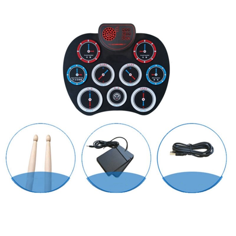 Portable Electronic Roll Up Drum Silicone Drum Kit Built-in Speaker with Drum Sticks Foot Pedals for Beginners Kids