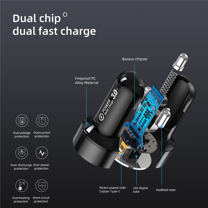 36W 6A QC3.0 PD Car Charger With LED Display Universal Mobile Phone Car-Charger For Xiaomi For Honor For iPhone 12Pro Tablet