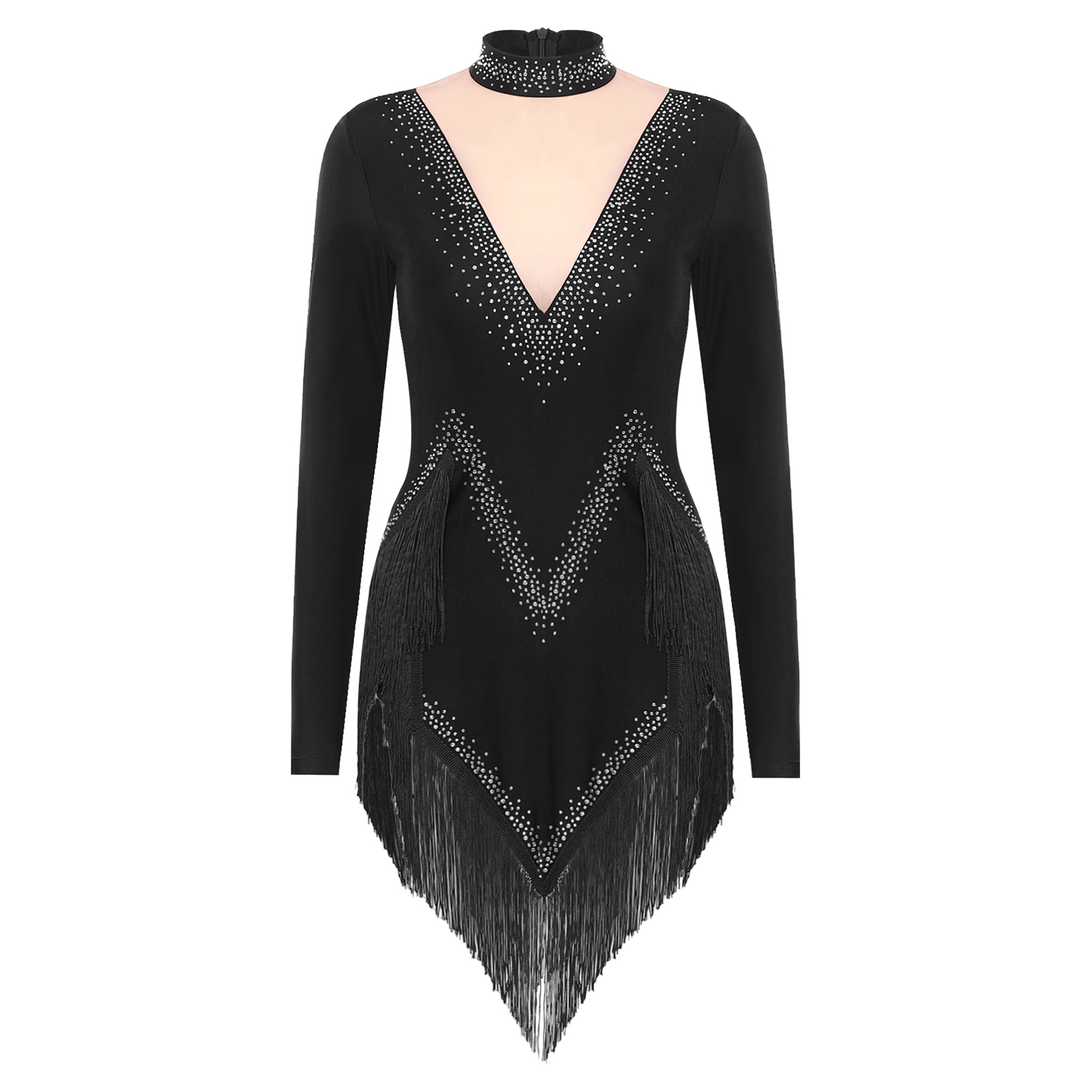 Body de danse latine à franges pour femmes, robe justaucorps à manches longues, vêtements de danse Samba Cha Tango, Costume de spectacle sur scène: XL / Bleu