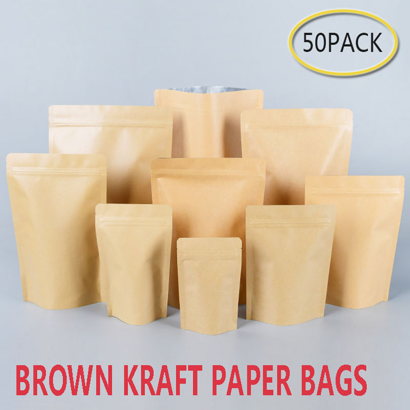Sacs en papier Kraft brun, 50 pièces, pochette Stand-Up refermable à la chaleur, pochette à fermeture éclair pour stockage des aliments de café, sacs de cuisson pour toxicomanes