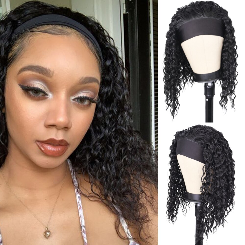 Synthetic Deep Wave Wigs with Head Wraps Short Bob Curly Headband Wigs for Black Women Kinky Curly Head Band Wig Peruca Cosplay