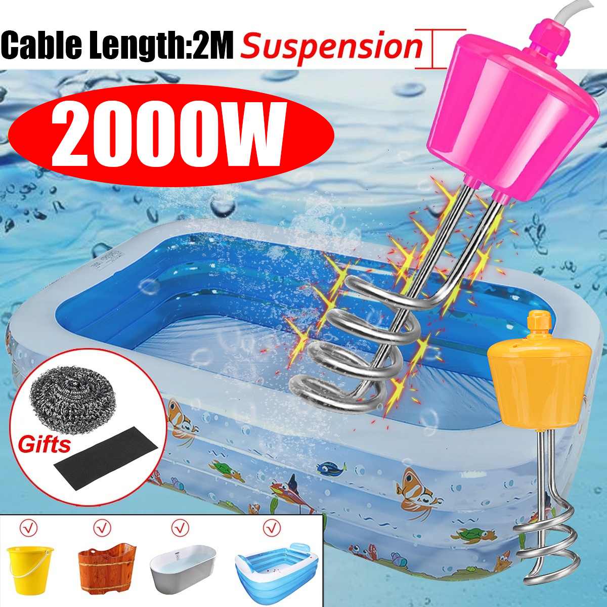 2000W Portable Suspension Stainless Steel Electric Floating Immersion Heater Boiler Water Heating Element For Camping Travel