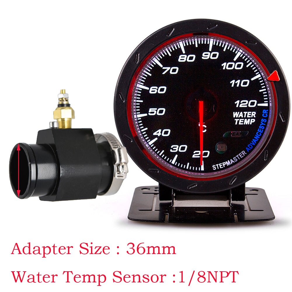 60MM Car Auto Water Temperature Gauge 20--120 Celsius Water Temp Meter With 1/8NPT Water Temp Sensor Joint Pipe Sensor Adapter: With 36mm Adapter -B