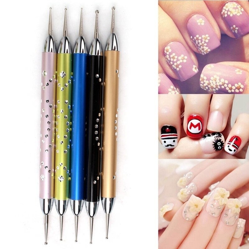 Kleur Dual-Ended Nail Puntjes Pen Kristal Kralen Handvat Strass Studs Picker Wax Potlood Manicure Nail Art Tool 5 stks/set