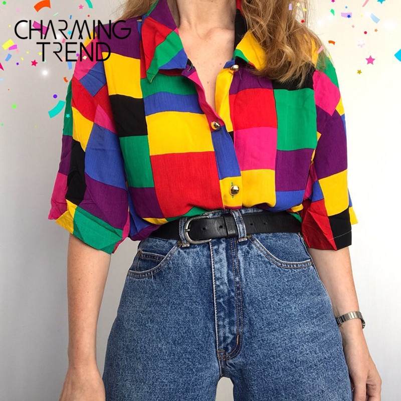 Dame bluse topp geometriske mønstre fargerike harajuku preppy unge jenter vintage skjorte streewear sommer kvinner løse klær
