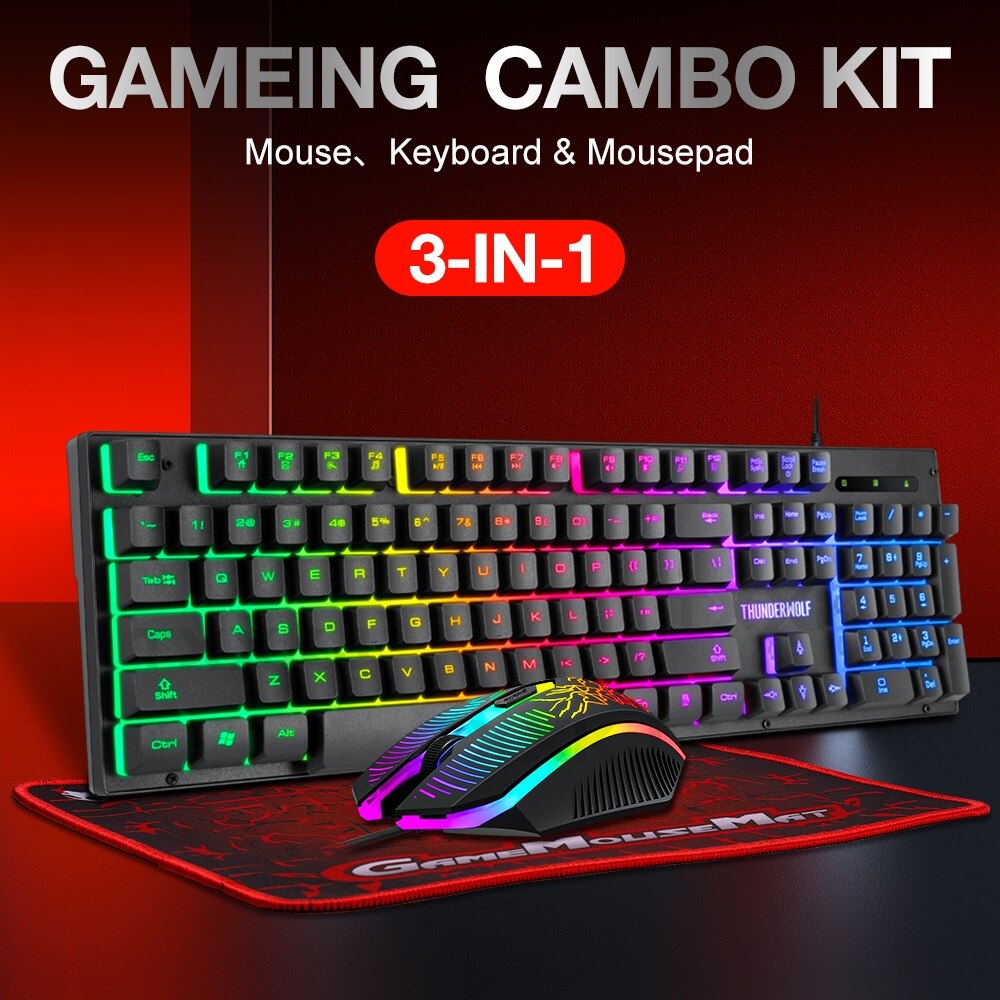 Usb gaming pc keyboard, keyboard mouse, mouse pad, three-piece illuminated gaming wired set, 104 keys, gaming keyboard, wired mouse